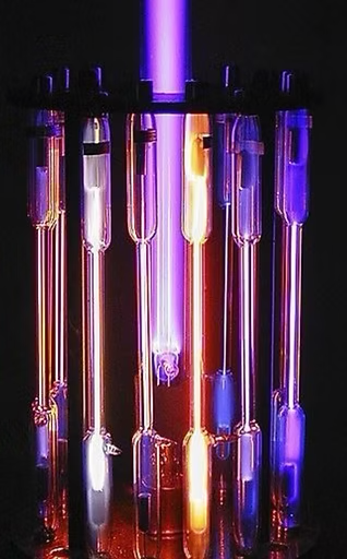 TESLA Oscillator Energy Light System with illuminated glass tubes in violet, gold, and white